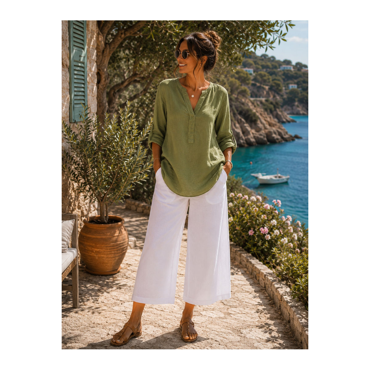 Tunique femme vert olive, 100% Lin naturel, Vegan - Matière noble