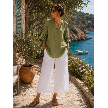 Tunique femme vert olive, 100% Lin naturel, Vegan - Matière noble