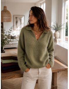 Pull femme mohair col V tilleul  Bellerina – Matière Noble