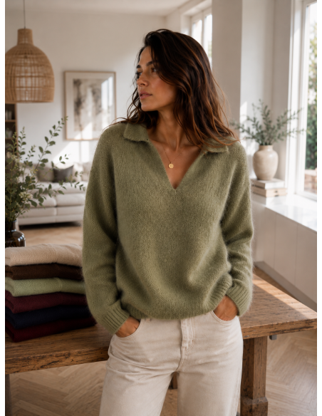 Pull femme mohair col V tilleul  Bellerina – Matière Noble