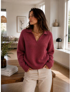 Pull femme mohair col V prune  Bellerina – Matière Noble