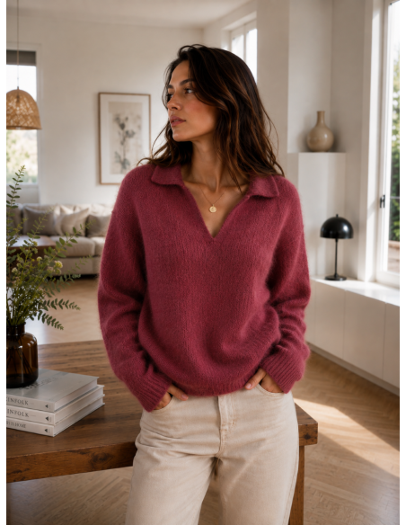 Pull femme mohair col V prune  Bellerina – Matière Noble