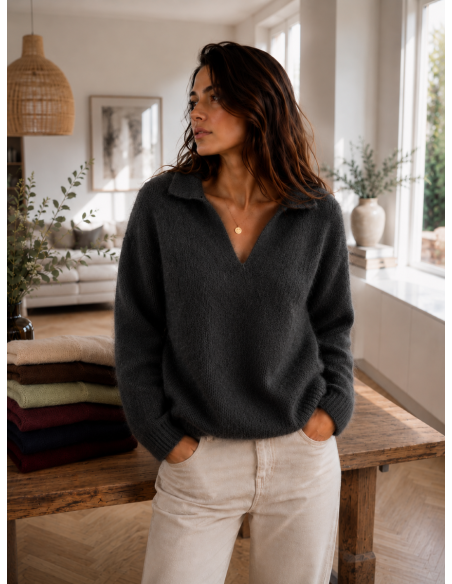 Pull femme mohair col V tilleul  Bellerina – Matière Noble