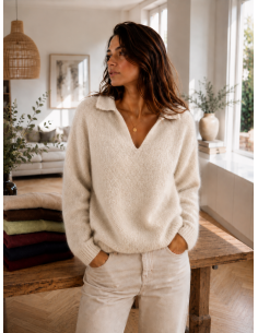 Pull femme mohair col V tilleul  Bellerina – Matière Noble