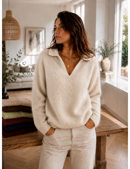 Pull femme mohair col V tilleul  Bellerina – Matière Noble