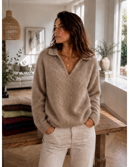 Pull femme mohair col V tilleul  Bellerina – Matière Noble