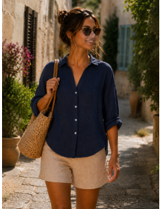 Chemise femme marine 100% Lin naturel, Vegan - Matière noble