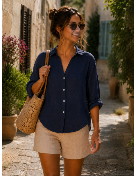 Chemise femme marine 100% Lin naturel, Vegan - Matière noble