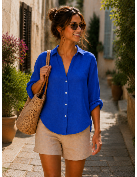 Chemise femme bleu Roy 100% Lin naturel, Vegan - Matière noble