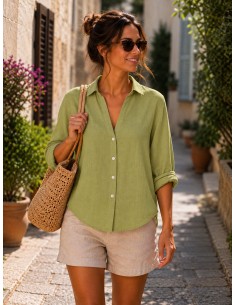 Chemise femme anis 100% Lin naturel, Vegan - Matière noble