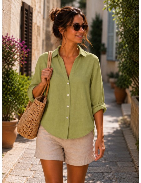 Chemise femme anis 100% Lin naturel, Vegan - Matière noble