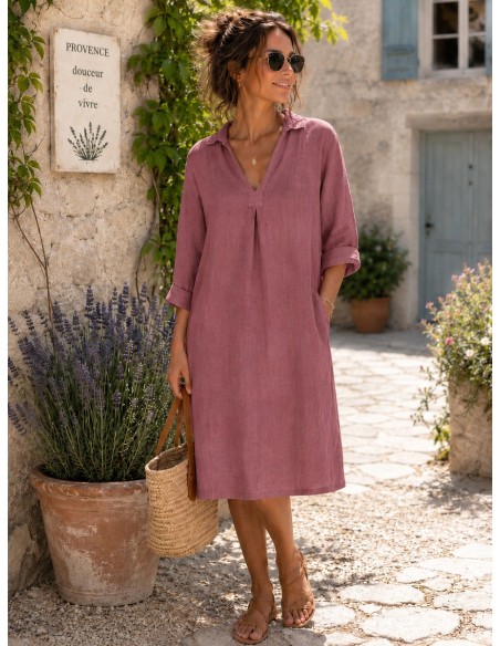 Robe Capri petit col 100% lin Vegan, divers coloris - Matière noble