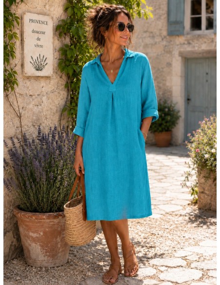Robe Capri petit col 100% lin Vegan, divers coloris - Matière noble