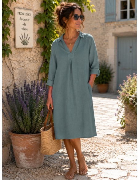 Robe Capri petit col 100% lin Vegan, divers coloris - Matière noble