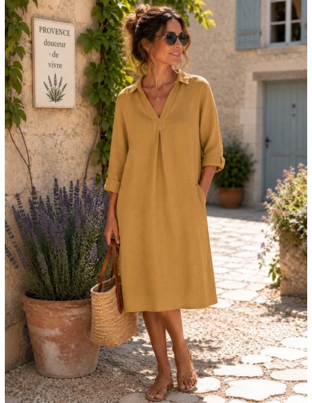 Robe Capri petit col 100% lin Vegan, divers coloris - Matière noble