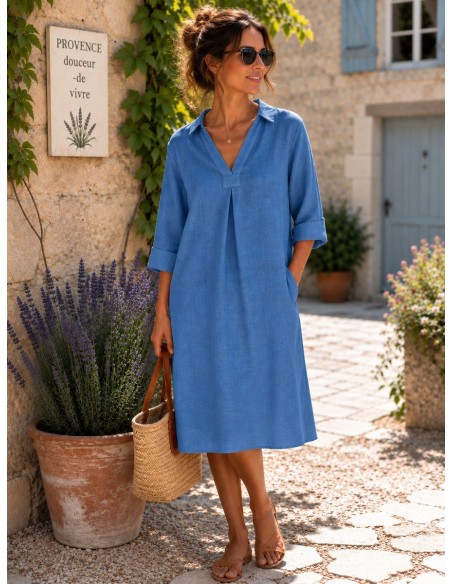 Robe Capri petit col 100% lin Vegan, divers coloris - Matière noble