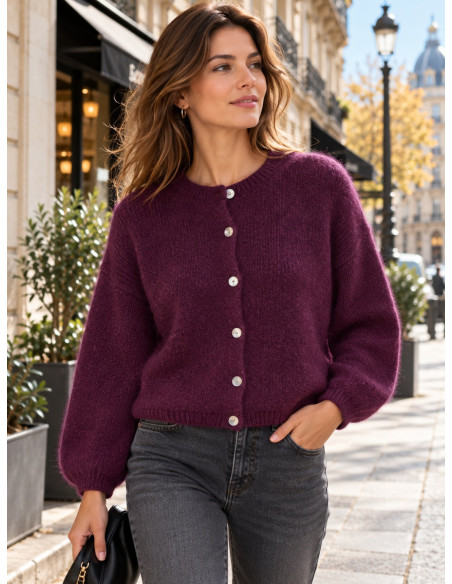Gilet manches longues kid mohair aubergine - Matière noble